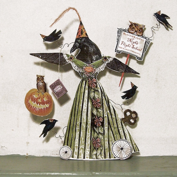 Victorian Steampunk Halloween Crow Articulated Paper Doll, Halloween Centerpiece, Paper Puppets, 3D Greeting Card, Halloween Ephemera HP27H