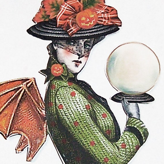 Halloween Victorian Witch Clip Art - Crystal Ball Clipart - Gothic Bat Woman Digital Paper Doll Parts - 2 Versions Of Torso HP35CS