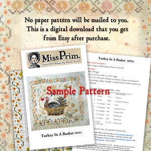 May include: A digital cross-stitch pattern titled "Turkey In A Basket MP03" by Miss Prim. The design features a turkey in a basket with floral and decorative elements. The image includes a sample pattern and color details.