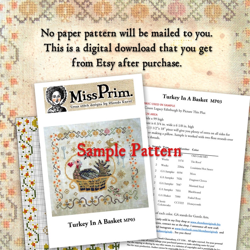 May include: A digital cross-stitch pattern titled "Turkey In A Basket MP03" by Miss Prim. The design features a turkey in a basket with floral and decorative elements. The image includes a sample pattern and color details.