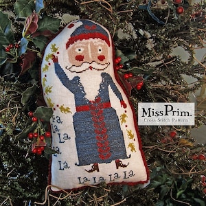 Schema cuscino di Babbo Natale, schema punto croce, schema bambola di Babbo Natale, schema PDF punto croce invernale Belsnickel, "Holly Jolly Santa" di Miss Prim MP28