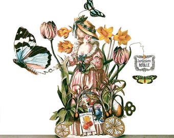 Kit de fabrication de cartes de voeux imprimables jardinier français - poupée en papier 3D Marie-Antoinette - vierge et toute occasion - décor Royalcore - MA11 PD