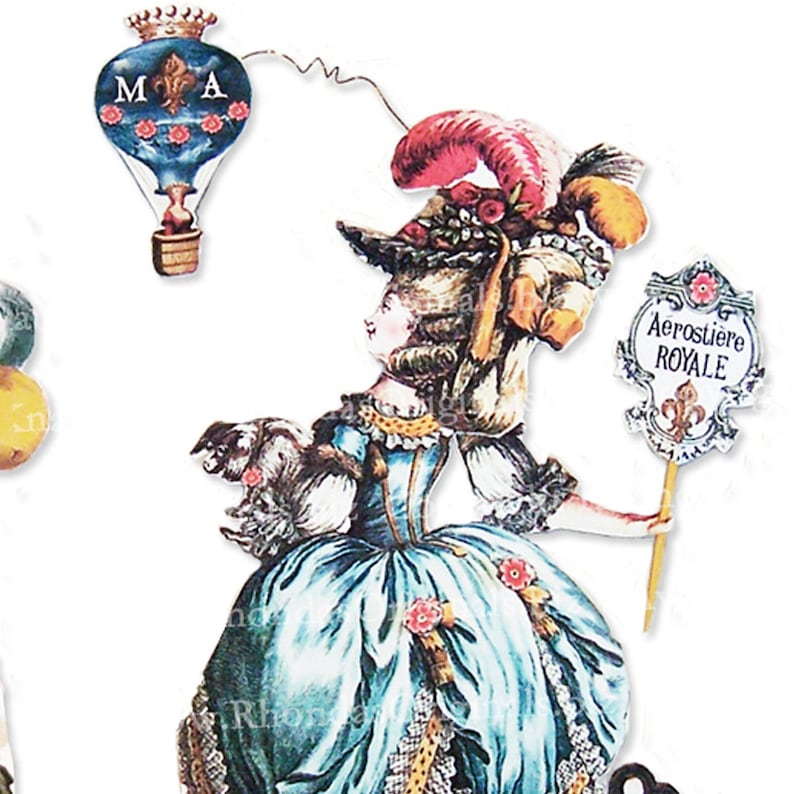 May include: A vintage-style paper cutout of a woman in a blue dress, holding a sign that reads "Aerosti&egrave;re Royale." A blue hot air balloon with the letters "M A" is connected by a wire. The woman has a large feathered hat.