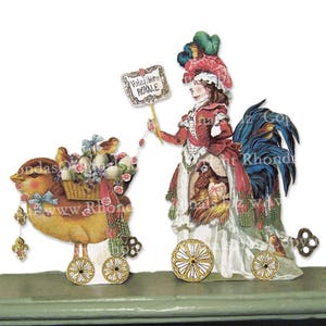 DIY Easter Decoration, Rooster Clipart - Paper Puppets, Poultry Paper Doll Centerpiece, Digital Marie Antoinette Doll INSTANT Download MA13M