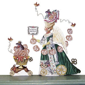Conjunto de muñecos de papel de María Antonieta con diseño de ángel y pretzel en formato PDF - Figura 3D de doble cara - Autómata artesanal con conejito y ratón - Divertida decoración de cocina MA16M