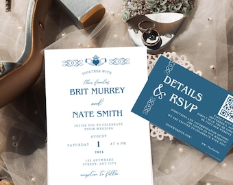 Claddagh Wedding Invitation Template | Irish Wedding Invite Suite | Editable in Canva | RSVP & Details Card | Instant Download Printable