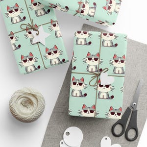 Papiery do pakowania, Uroczy miętowy zielony papier do pakowania prezentów z motywem kreskówkowym Grumpy Cat, Arkusze do pakowania prezentów, Papier do pakowania prezentów urodzinowych, Papier do pakowania prezentów dla miłośników kotów,