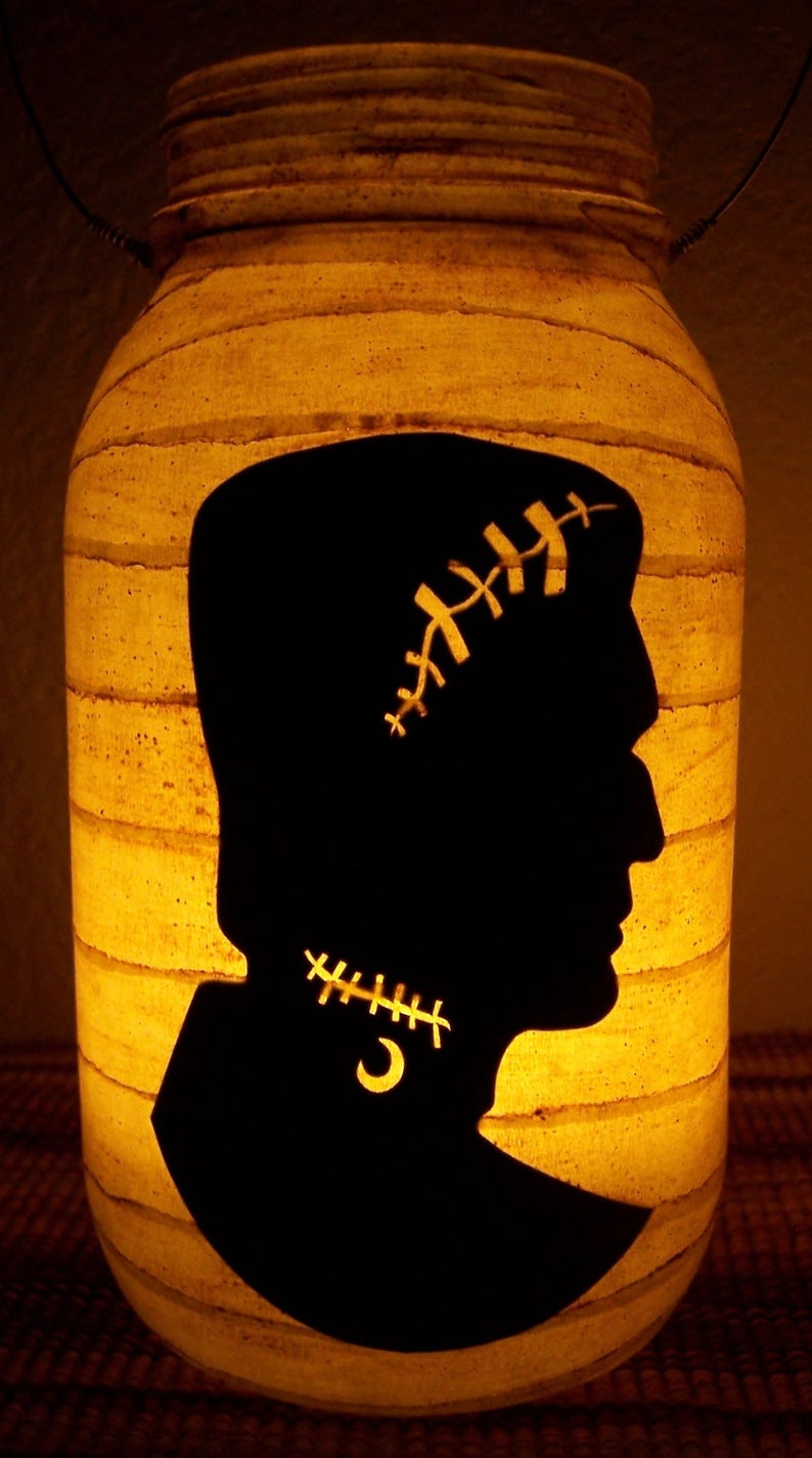 New Grungy Primitive Halloween Frankenstein Silhouette Lantern Candle Holder Mantel Porch Table Centerpiece Wedding image 1