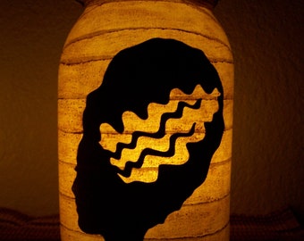 New Grungy Primitive Halloween Bride of Frankenstein Silhouette Lantern Candle Porch Mantel Gift Table Centerpiece Wedding