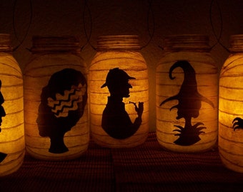 5 Piece Halloween Lantern Set Nosferatu Frankenstein Bride Witch Sherlock Holmes Primitive Grungy Luminary Light Display Glow Monster Fall