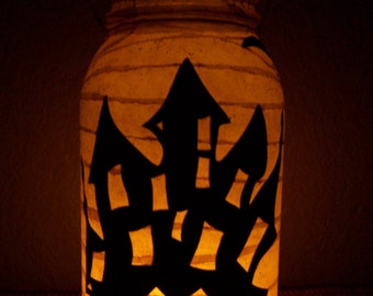 Grungy Primitive Halloween Haunted House Lantern Light Luminary Table Decor Decoration Mantel Porch Gift