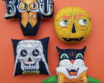 4 Halloween Ornies Pillows Moon Owl Skeleton Cat Bowl Fillers Shelf Sitters Tucks Non Candy Gift Trick or Treat