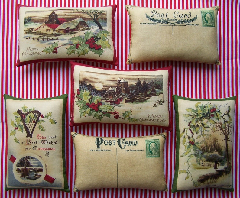 6 Grungy Primitive Christmas Postcard Bowl Fillers Ornies Tucks Folk Art Americana Decoration Pillow image 1