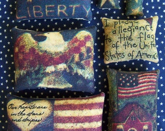 Set of 7 Primitive Fourth of July Grungy Bowl Filler Ornies Tucks Pillows Miniature Gift Patriot Patriotic America USA