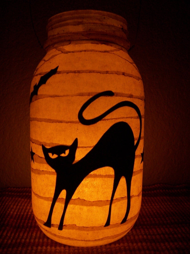 Grungy Primitive Halloween Cat Lantern Luminary Light Porth Mantel Gift Autumn Fall Decor Decoration Centerpiece image 1