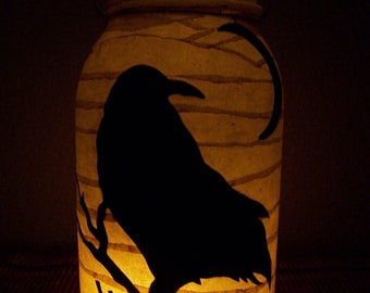 Halloween Crow Mason Jar Lantern Primitive Candle Holder Light Luminary Porch Table Mantel Party Decoration Gift