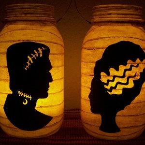 New Grungy Primitive Halloween Frankenstein & Bride Silhouette Lantern Set Light Luminary Mantel Porch Folkart Folk Art Camping Gift