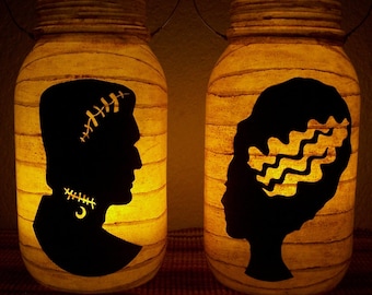 New Grungy Primitive Halloween Frankenstein & Bride Silhouette Lantern Set Light Luminary Mantel Porch Folkart Folk Art Camping Gift