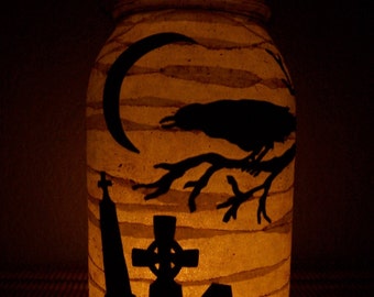 Grungy Primitive Halloween Cemetery Lantern Light Crow Luminary Porch Mantel Camping Gift Early Farmhouse Old Look