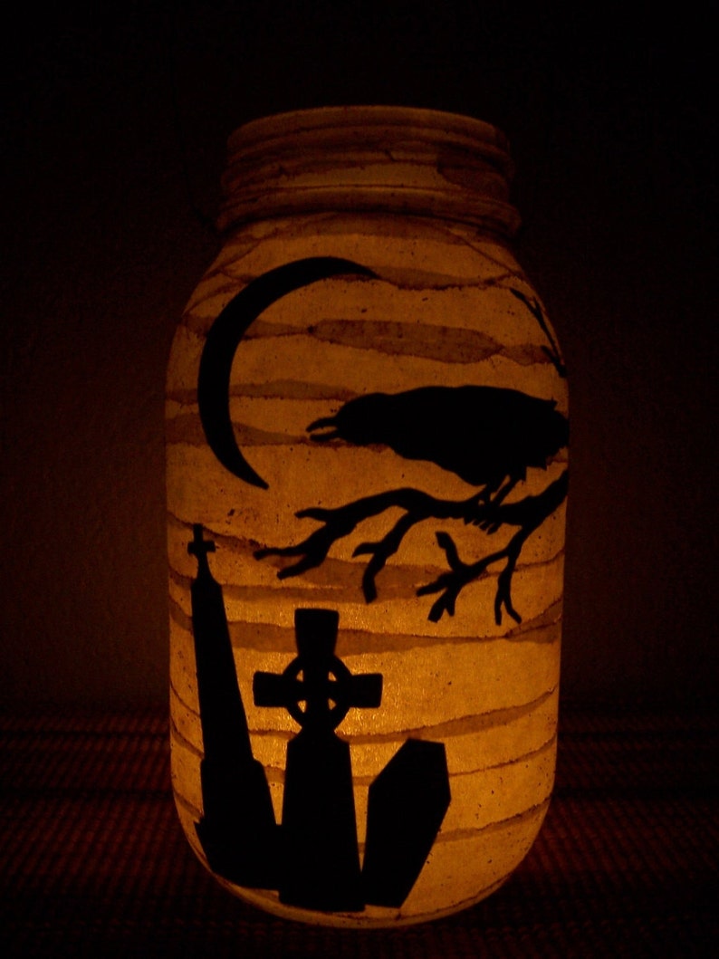 Grungy Primitive Halloween Cemetery Lantern Light Crow Luminary Porch Mantel Camping Gift Early Farmhouse Old Look image 1