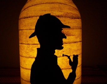 New Grungy Primitive Halloween Sherlock Holmes Silhouette Lantern Candle Holder Light Luminary Decor Decoration Table Mantel Porch Mystery