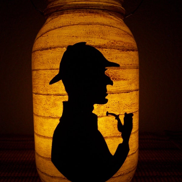 New Grungy Primitive Halloween Sherlock Holmes Silhouette Lantern Candle Holder Light Luminary Decor Decoration Table Mantel Porch Mystery