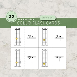 Tarjetas de memoria para violonchelo en 4.ª posición, tarjetas de memoria en clave de fa, diagrama de notas del diapasón, descarga en PDF