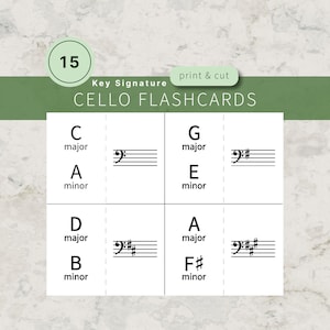 May include: A set of 15 cello flashcards featuring musical key signatures. The cards display text labels for major and minor keys alongside corresponding bass clef notation. The design includes a green header with the text 15 Key Signature print & cut CELLO FLASHCARDS.