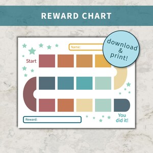 May include: A printable reward chart with a teal header that reads "REWARD CHART." The chart features a path of colorful squares, a space for a name, and the text "You did it!" A blue circle says "download & print!"