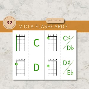 Pode incluir: Flashcards de viola com diagramas musicais e nomes de acordes. Os cartões exibem as notas C, C#/Db, D e D#/Eb, com destaque verde nos diagramas. O texto "print & cut" também é visível.