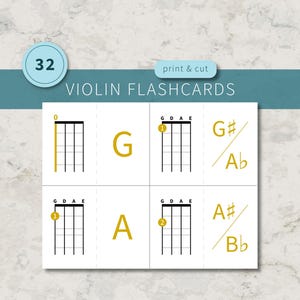 Pode incluir: Flashcards de violino com diagramas de posições dos dedos para várias notas. Os cartões apresentam o texto "VIOLIN FLASHCARDS" e "print & cut". As notas G, A, G#/Ab e A#/Bb são exibidas com suas posições dos dedos.