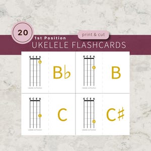 Op de afbeelding: Een set van 20 printbare ukelele-flashcards met akkoorddiagrammen voor de 1e positie. Elke kaart toont de GCEA-snaarindeling met gouden vingerplaatsingsmarkeringen en grote gouden letters voor de akkoorden Bb, B, C en C#.