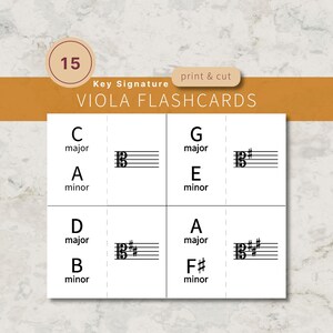 May include: A set of 15 printable viola flashcards featuring key signatures. The cards display musical notation on a staff alongside text labels for C major, A minor, G major, E minor, D major, B minor, A major, and F sharp minor keys.