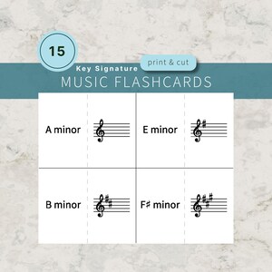 Op de afbeelding: Een set van 15 printbare muziekflitskaarten met toonsoorten. De kaarten tonen de tekst A minor, E minor, B minor en F# minor naast de bijbehorende notenbalken in de vioolsleutel. Het ontwerp bevat een blauwe koptekstbalk.