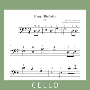 May include: Musical score for "Happy Birthday" for cello, featuring musical notation on a white background. The title and instrument are at the top, with the word "CELLO" at the bottom. The background is a solid olive green.