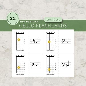 Cello Flashcards 2nd Position, Bass Clef Flashcards, Fingerboard Note Chart, PDF Download