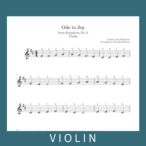 Könnte beinhalten: Noten für "Ode an die Freude" aus der 9. Symphonie, arrangiert für Violine. Die Noten sind auf weißem Hintergrund mit einem türkisfarbenen Rand dargestellt. Das Wort "VIOLINE" steht unten.