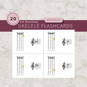 Puede incluir: Un conjunto de 20 tarjetas didácticas imprimibles para ukelele con diagramas de acordes en primera posición y notación musical en un pentagrama. Las tarjetas muestran las letras G, C, E y A con marcadores circulares de color amarillo.