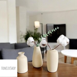 May include: Three ceramic vases in a light beige color with a textured finish. The vases are arranged on a wooden surface. The vases are filled with cotton stems and green leaves.