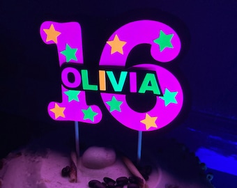 Glow Party Cake Topper, Neon Cake Topper, Birthday Cake Decor, Personalized Topper, Name Topper, Age Topper, Glow Party Decorations
