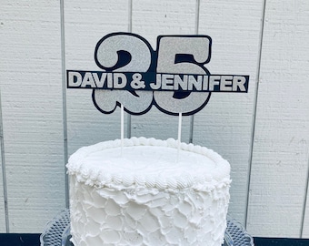 25th Anniversary Cake Topper, 25th Anniversary Decor, Silver Anniversary, Personalized Anniversary Decoration, Silver Glitter Cake Topper