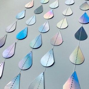 Iridescent Raindrop Garland, Holographic, Baby Sprinkle Decor, Baby Shower Decoration, Gender Reveal Shower, Shimmer Raindrops, Silver Rain image 2