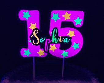 Glow Party Neon Pink Personalized Star Cake Topper, Fluorescent Script Name Cake Decoration, Age Birthday Cake Embellishment, Quinceanara