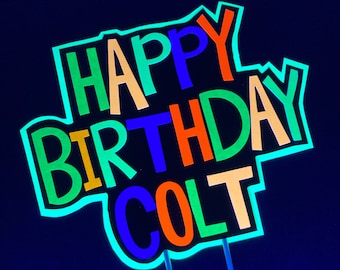 Boy Glow Party Cake Topper, Neon Birthday Cake Topper, Personalized Cake Topper, UV Reflective Cake Decoration, Fluorescent Neon Cake Decor