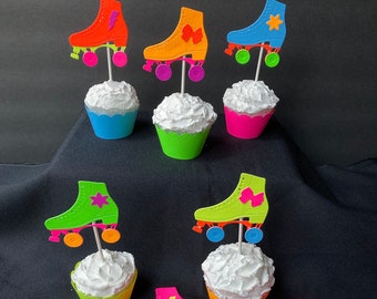 Décorations de cupcakes fluo skate party, décoration de fête phosphorescente, célébration d'anniversaire en patins à roulettes, décoration de fête fluorescente, UV phosphorescent dans le noir