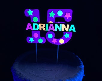 Neon Purple Cake Topper, Glow Party Decor, Glow in the Dark Birthday, Quinceanera Cake, Personalized Topper, 15th Birthday Party, Age Topper
