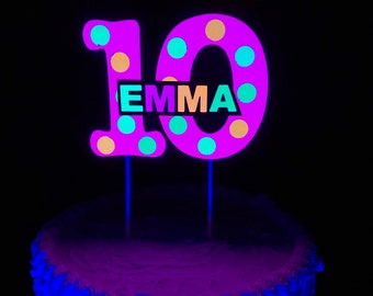 Glow Party Cake Topper, Pink Polka Dot Neon Cake, Birthday Cake Decor, Personalized Topper, Name Topper, Age Topper, Glow Party Decorations