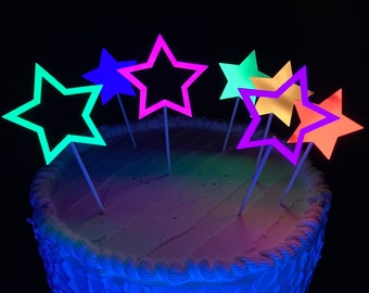 Neon Star Cake Decoration, Glow in the Dark Cake Topper, Glow Party Supply, Cupcake Decor, Black Light Party Supply, UV Reflective Stars
