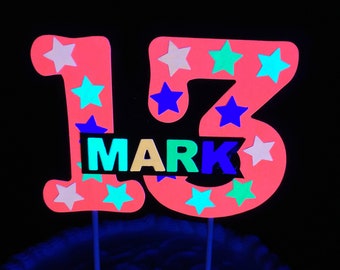 Neon Red Cake Topper, Glow Party Decor, Boy Birthday Cake, Personalized Decoration, Age Name Topper, Teen Birthday Party, Glow in the Dark