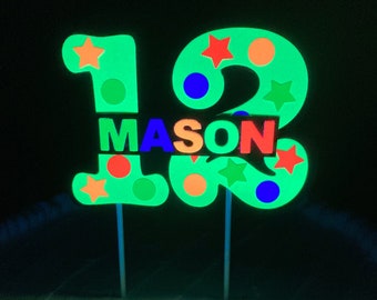 Glow Party Cake Topper, Neon Yellow Number, Birthday Decoration, Personalized Topper, Glow in the Dark Decor, Skate Party, Boy Teen Birthday